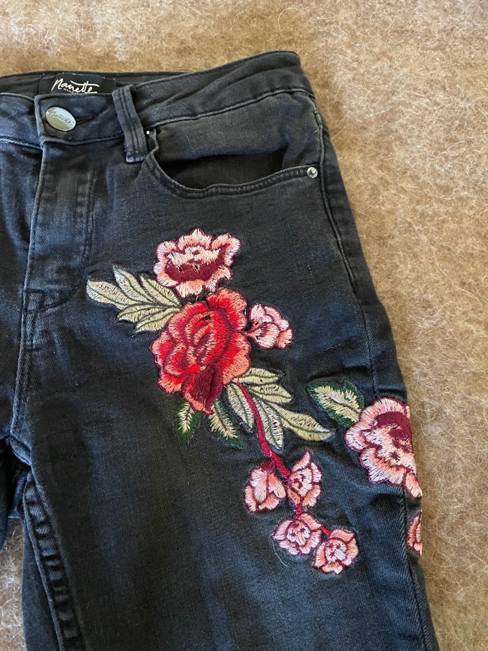 rose patch black jeans